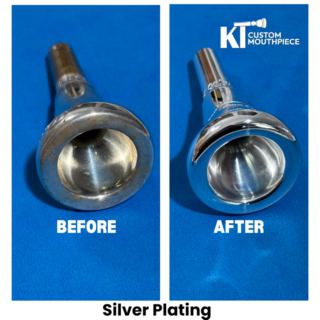Mouthpiece Repair for brass instruments. Silver plating, before and after on mouthpiece with worn silver and brass showing.